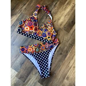 2 Piece Mixed Print Halter Top High Cut Bikini